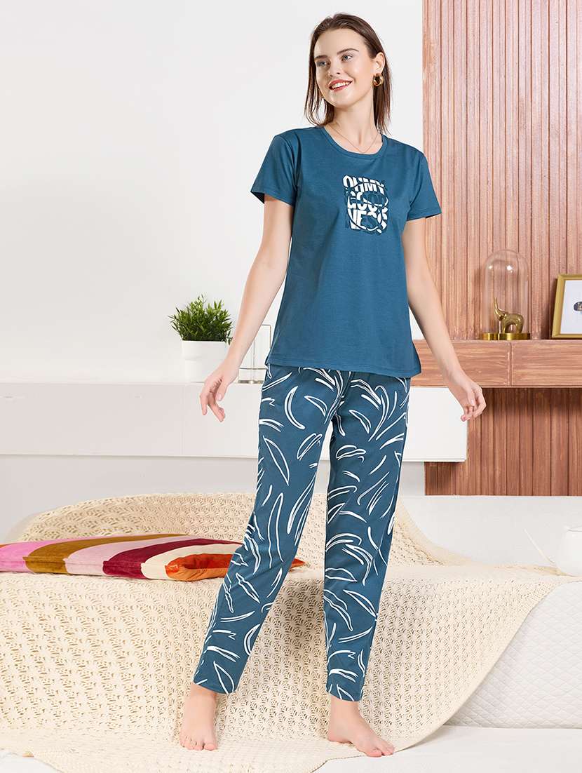 women blue printed  cotton pyjama set nightwear set