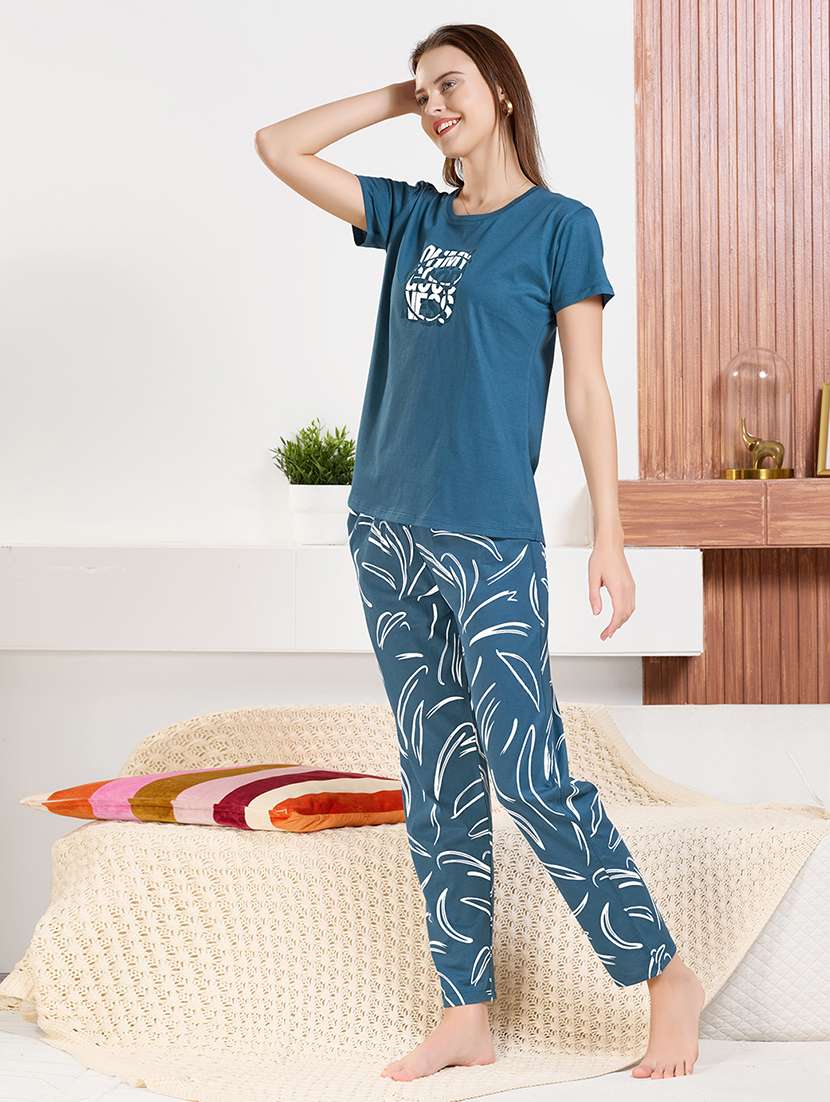 women blue printed  cotton pyjama set nightwear set - 22440725 -  Standard Image - 3