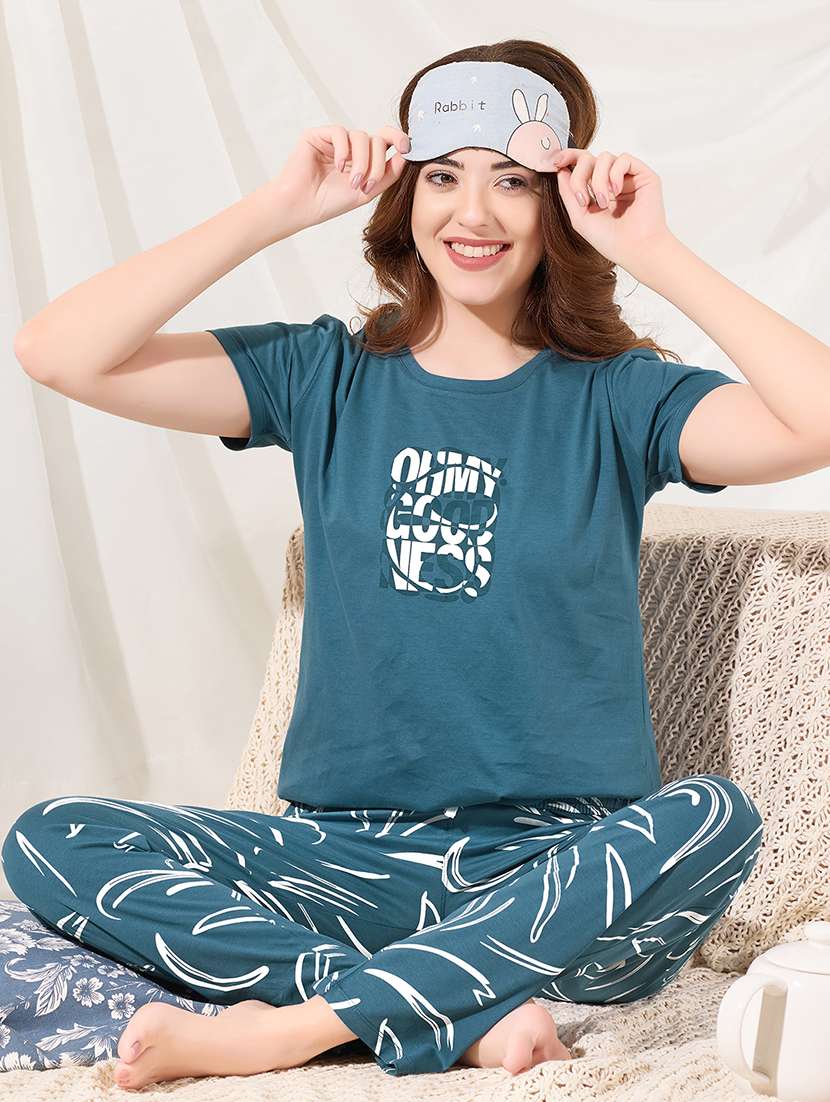 women blue printed  cotton pyjama set nightwear set - 22440725 -  Standard Image - 5