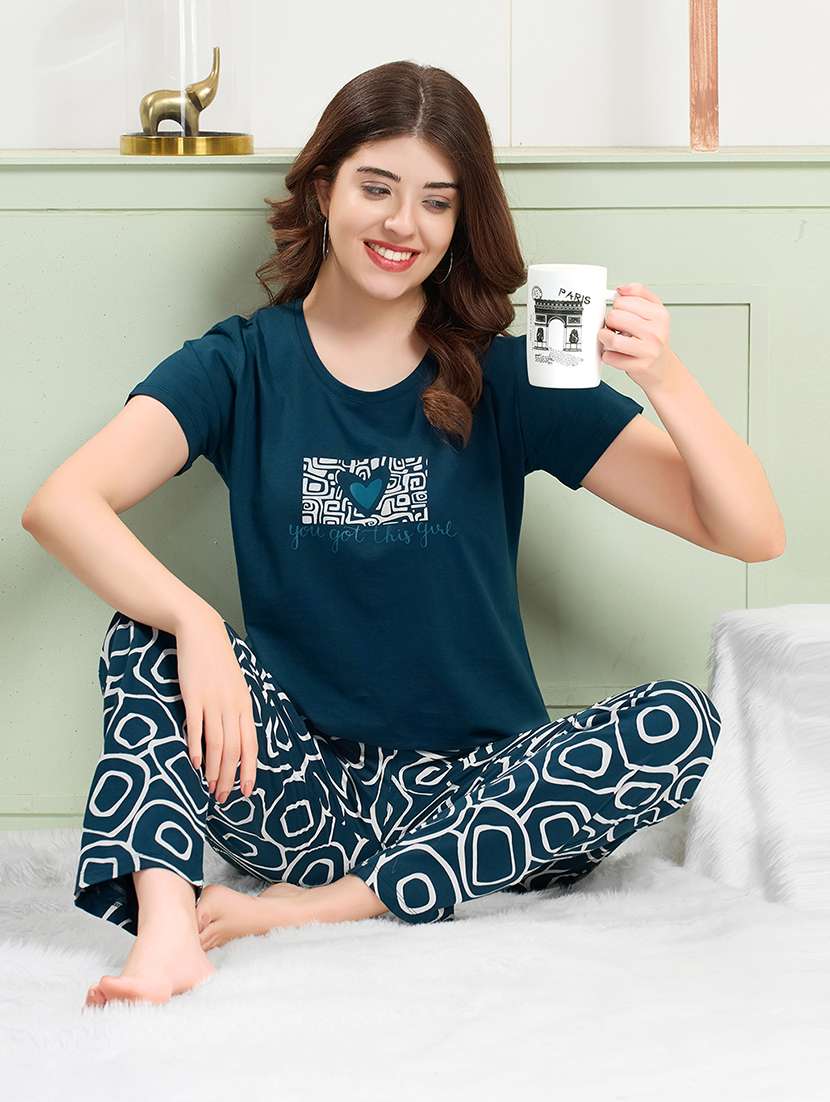 women green  printed cotton pyjama set nightwear set - 22440729 -  Standard Image - 5