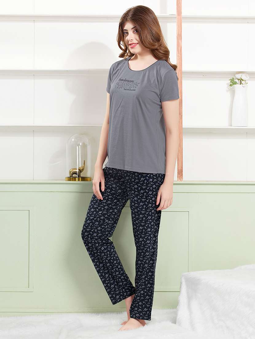 women grey printed  cotton pyjama set nightwear set - 22440730 -  Standard Image - 3
