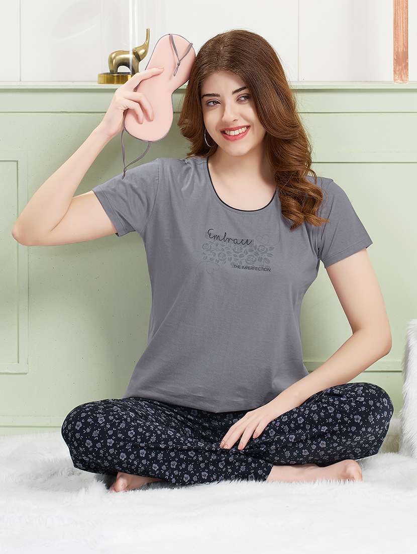 women grey printed  cotton pyjama set nightwear set - 22440730 -  Standard Image - 5