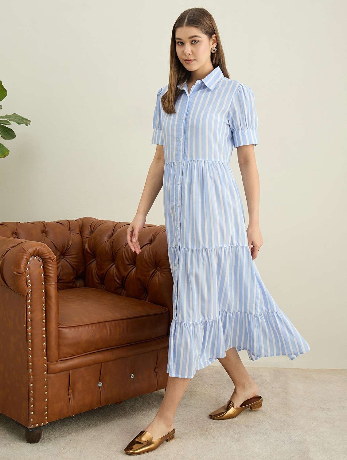 women blue striped cotton tiered shirt dress - 22440829 -  Standard Image - 3