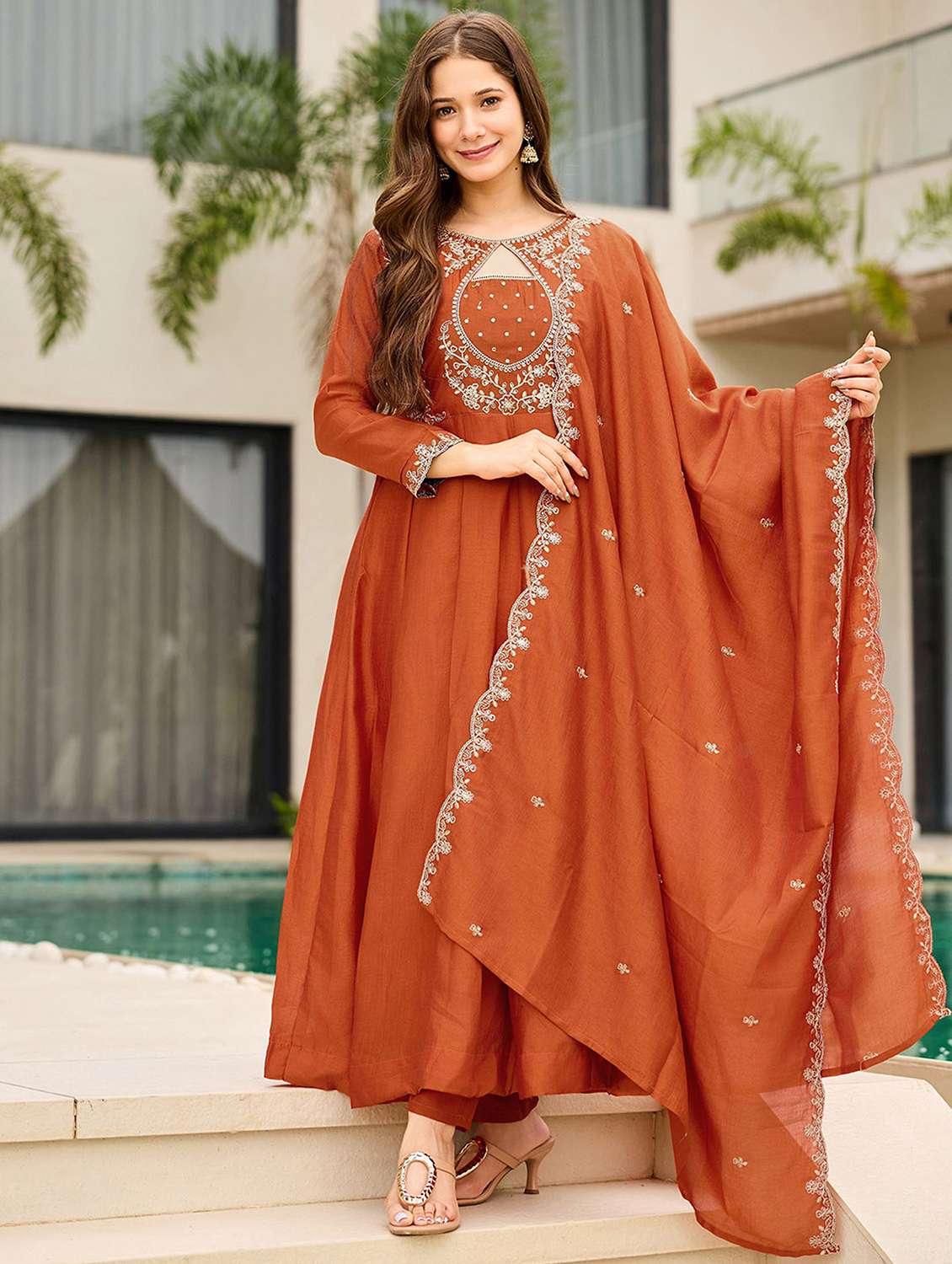 women solid with work long sleeve kurta pant with dupatta set