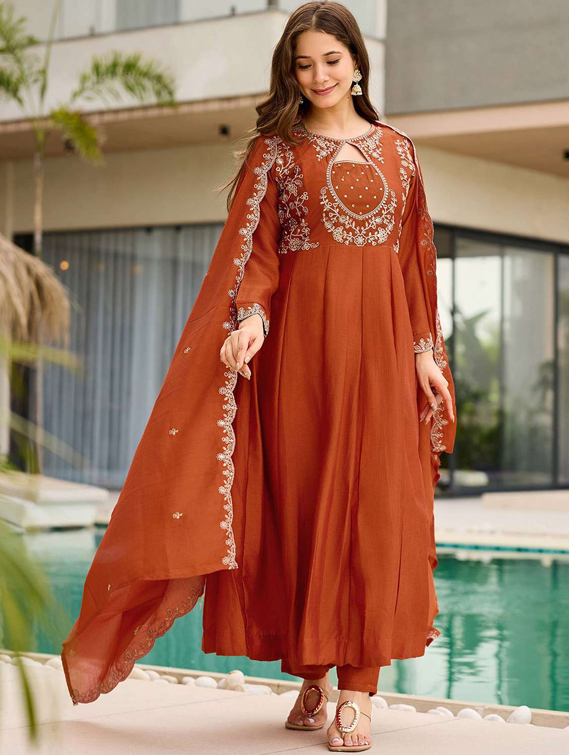 women solid with work long sleeve kurta pant with dupatta set - 22440833 -  Standard Image - 3