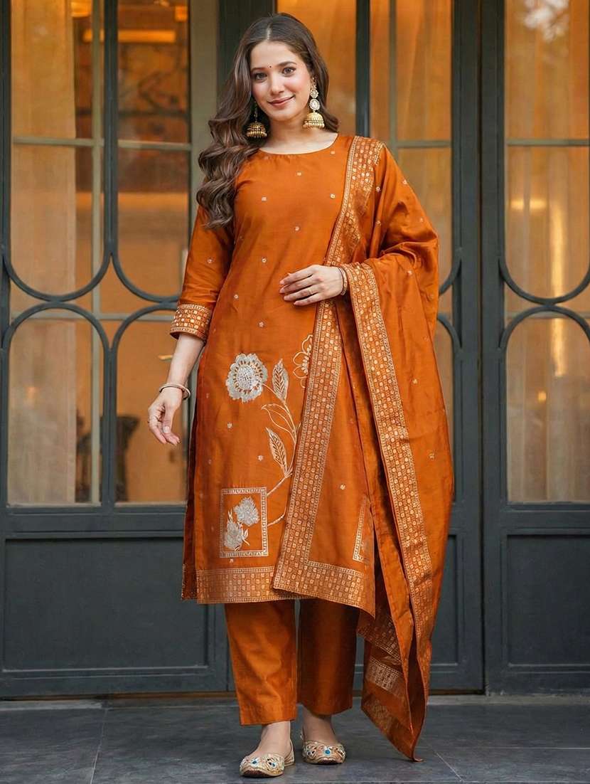 women self design three quarter sleeve kurta pant with dupatta set