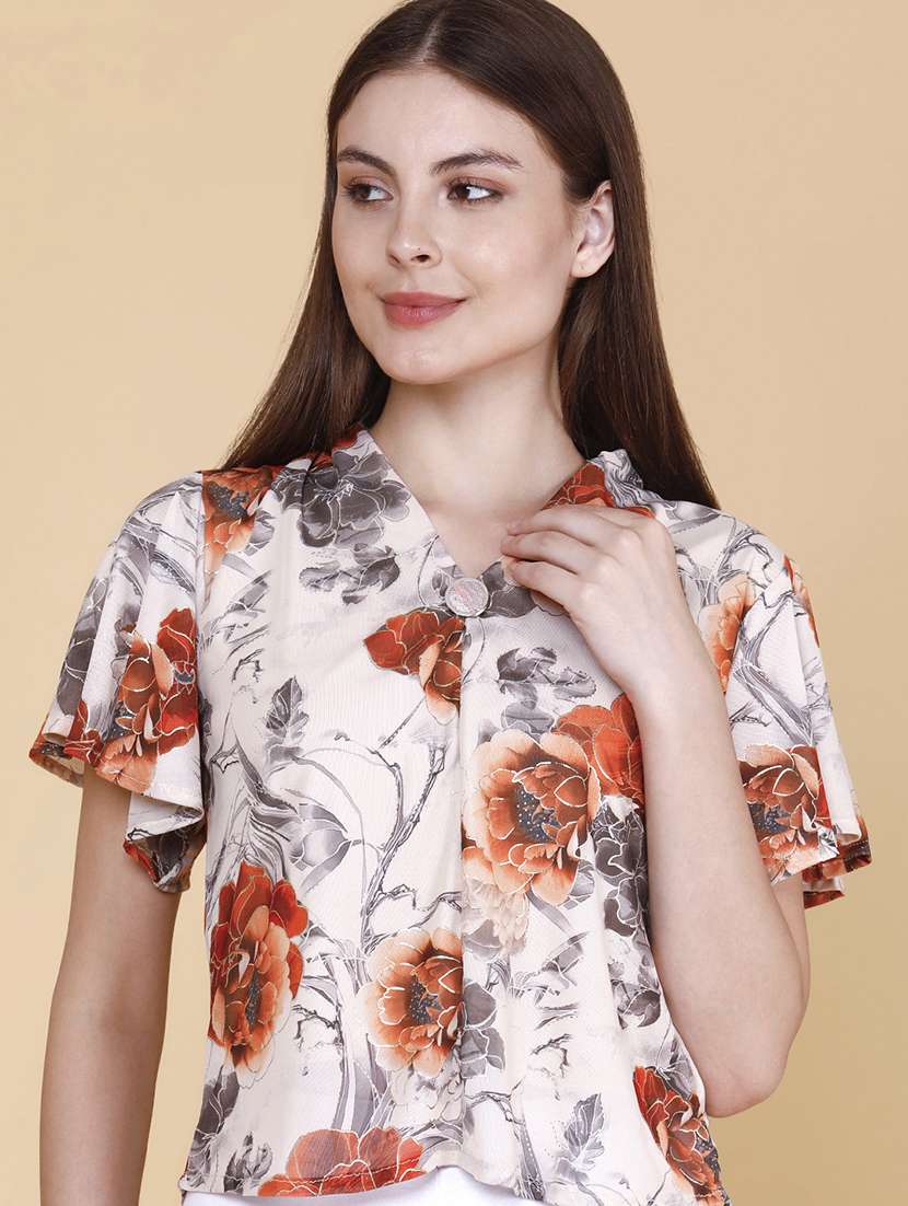 women printed v neck flared sleeves top