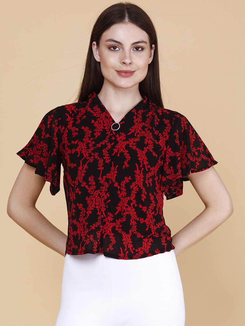 women printed v neck flared sleeves top