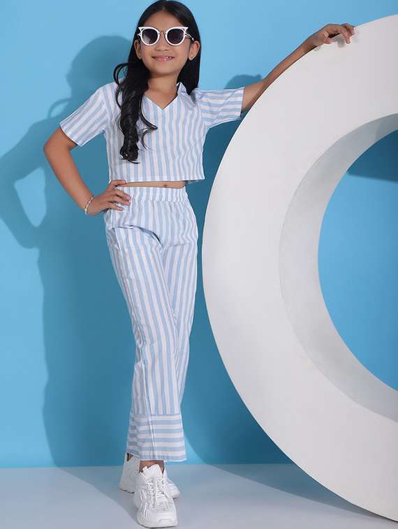 girls multi colored cotton top & trouser co-ord set