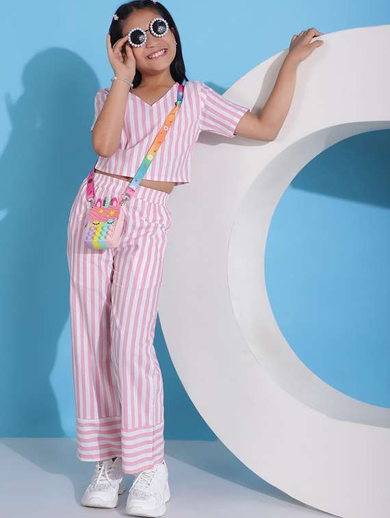 girl multi colored cotton top & trouser co-ord set