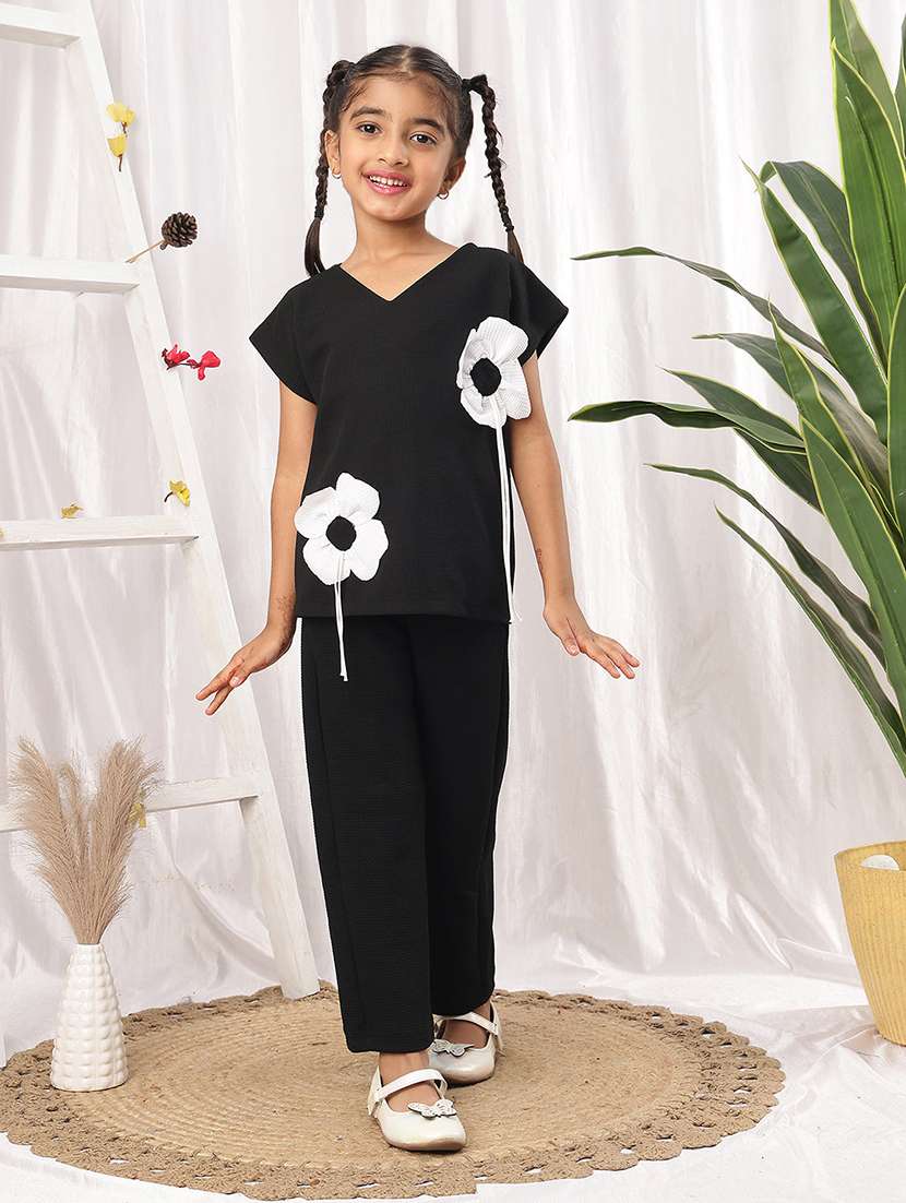girl black polyester top & trouser co-ord set