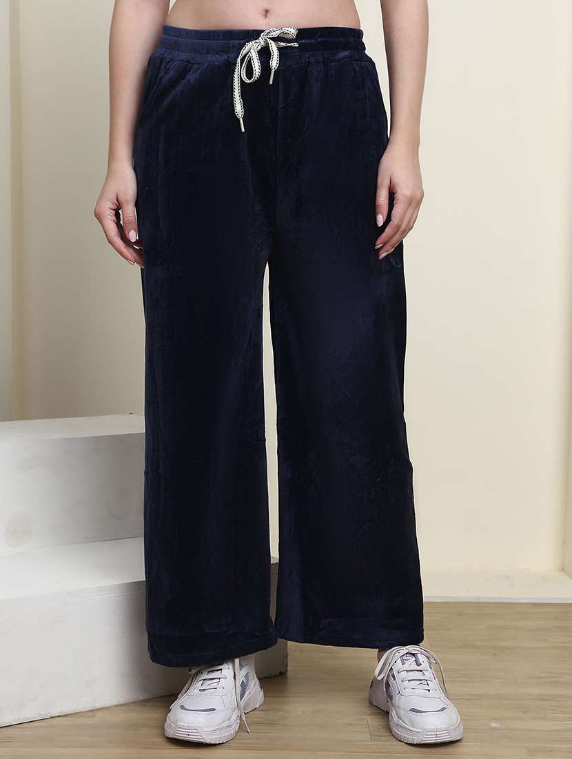 women navy blue velvet straight trouser