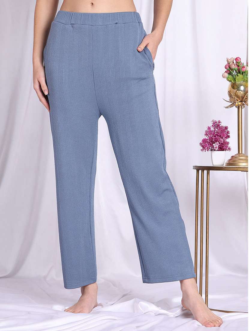 women blue polyester straight trouser