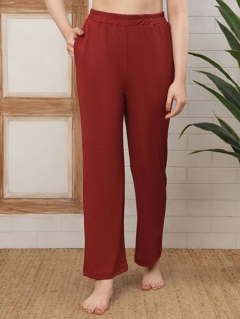 women maroon cotton blend straight trouser