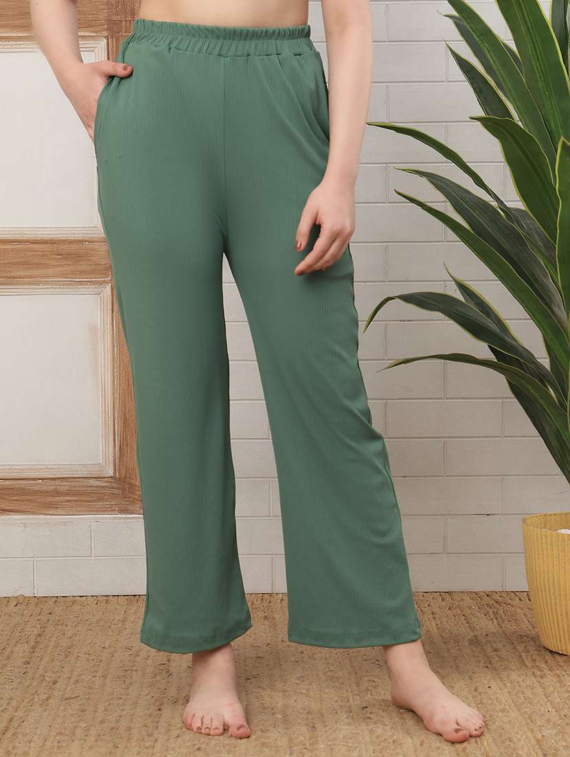 women green cotton blend straight trouser