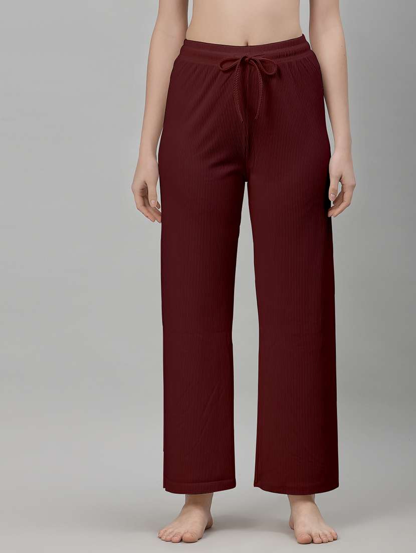 women burgundy cotton blend straight trouser