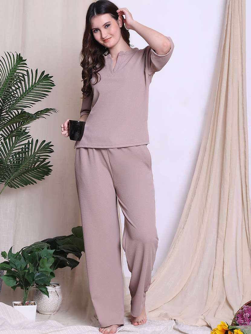women solid nightwear pyjama set