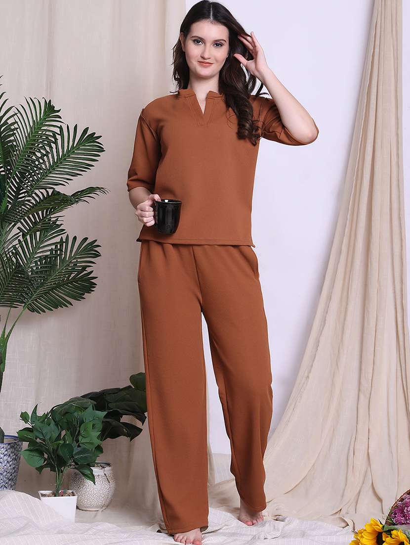 women solid nightwear pyjama set