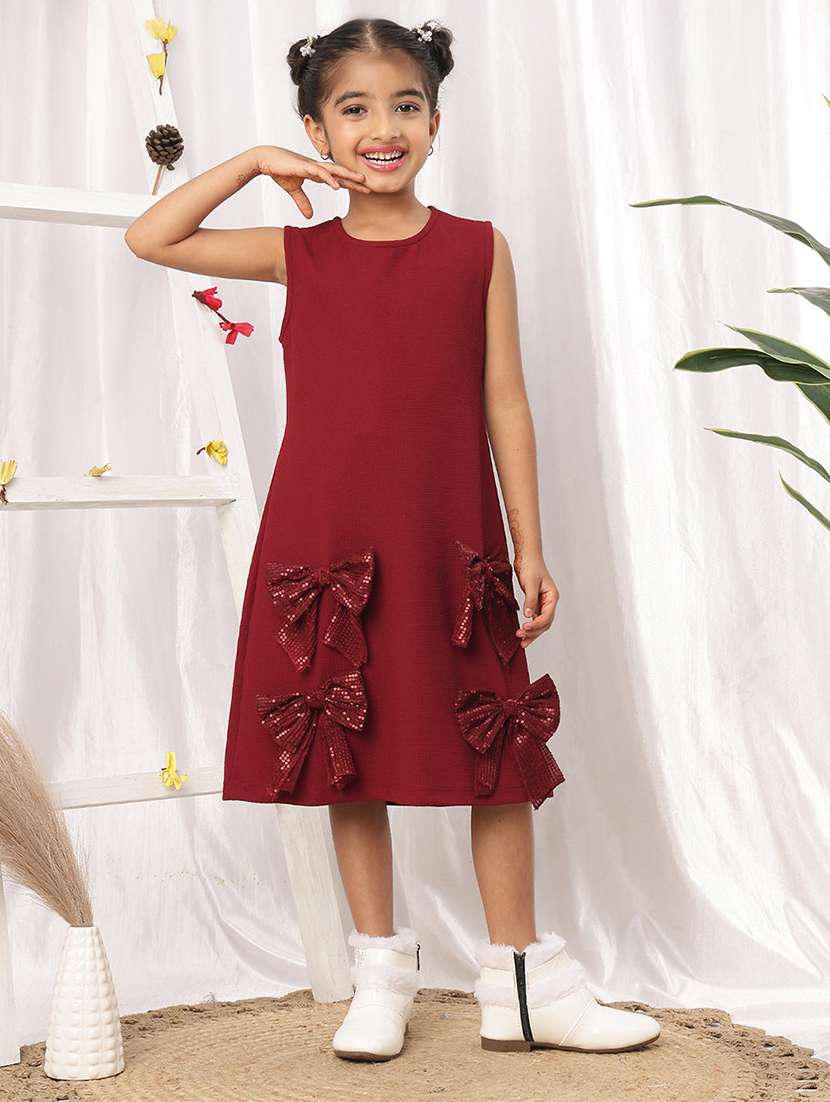 girls maroon polyester a-line dress