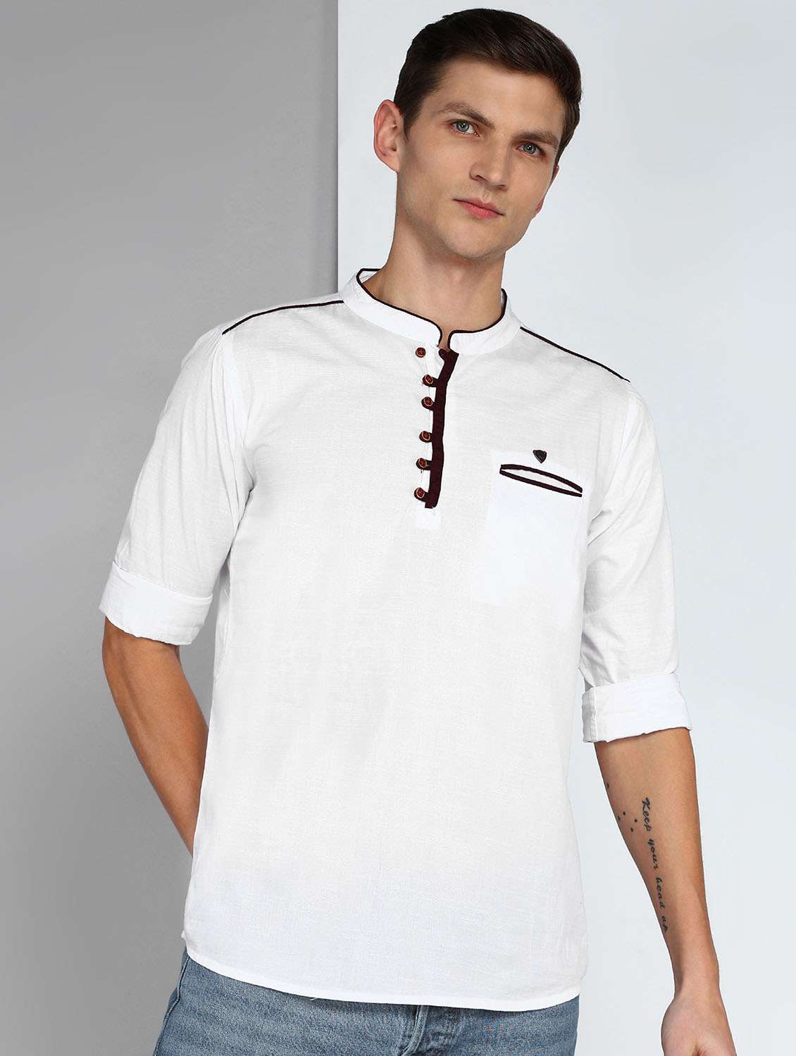 men solid mandarin neck short kurta