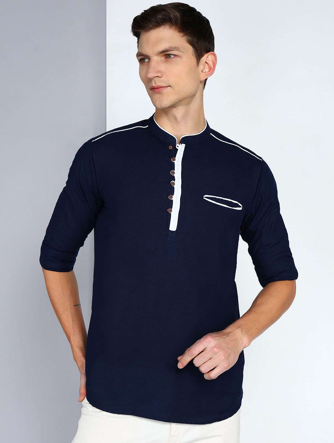 men solid mandarin neck short kurta