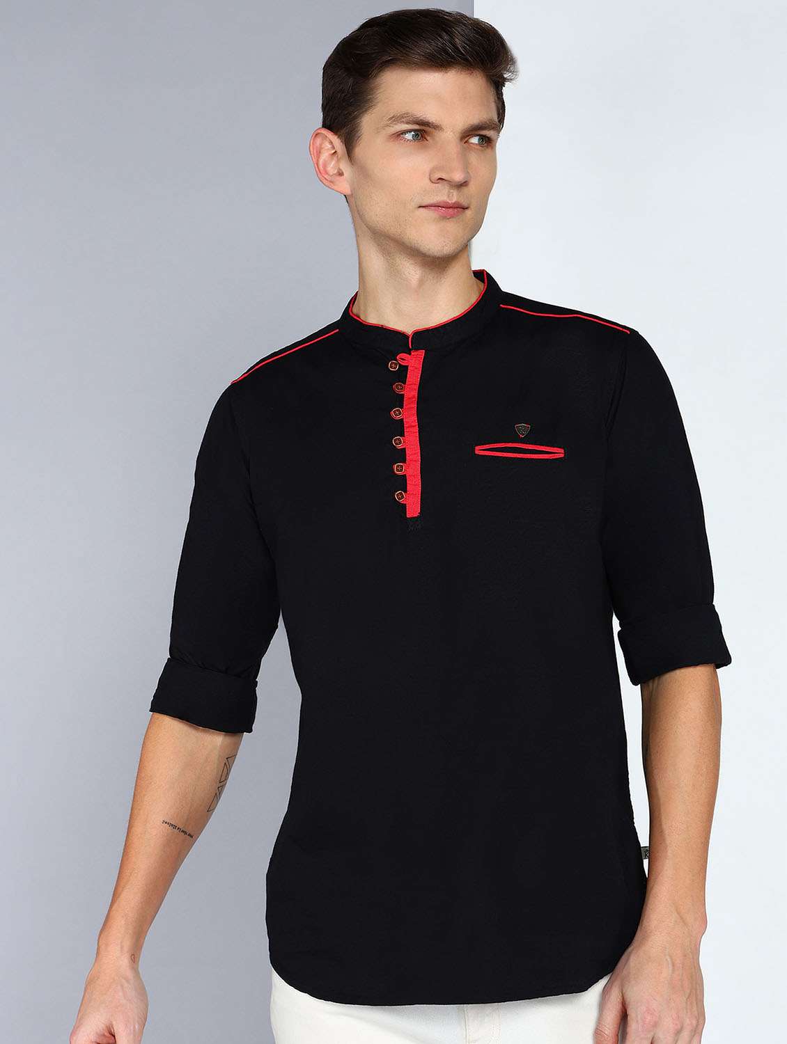 men solid mandarin neck short kurta