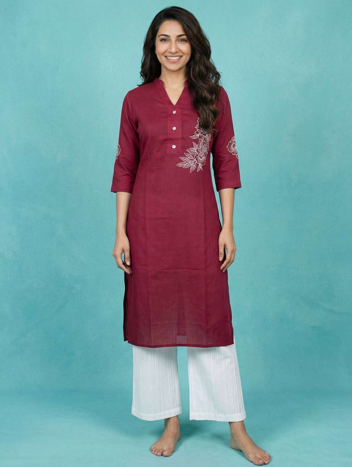women maroon cotton blend straight kurta
