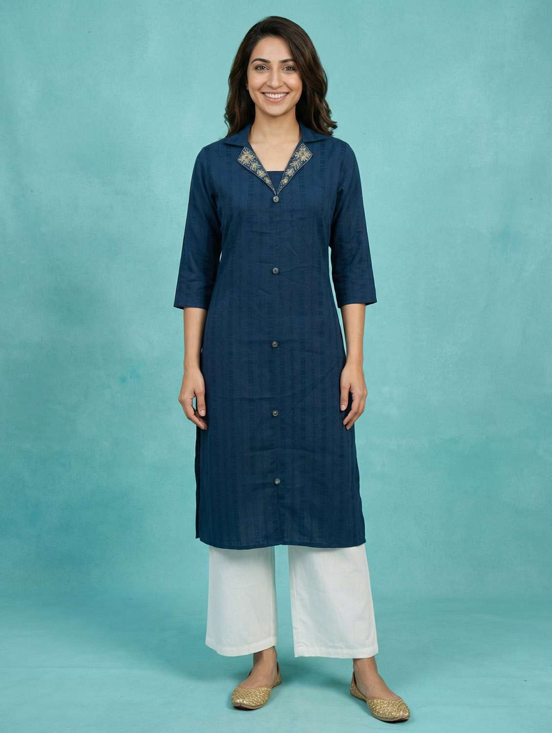 women blue cotton silk straight kurta