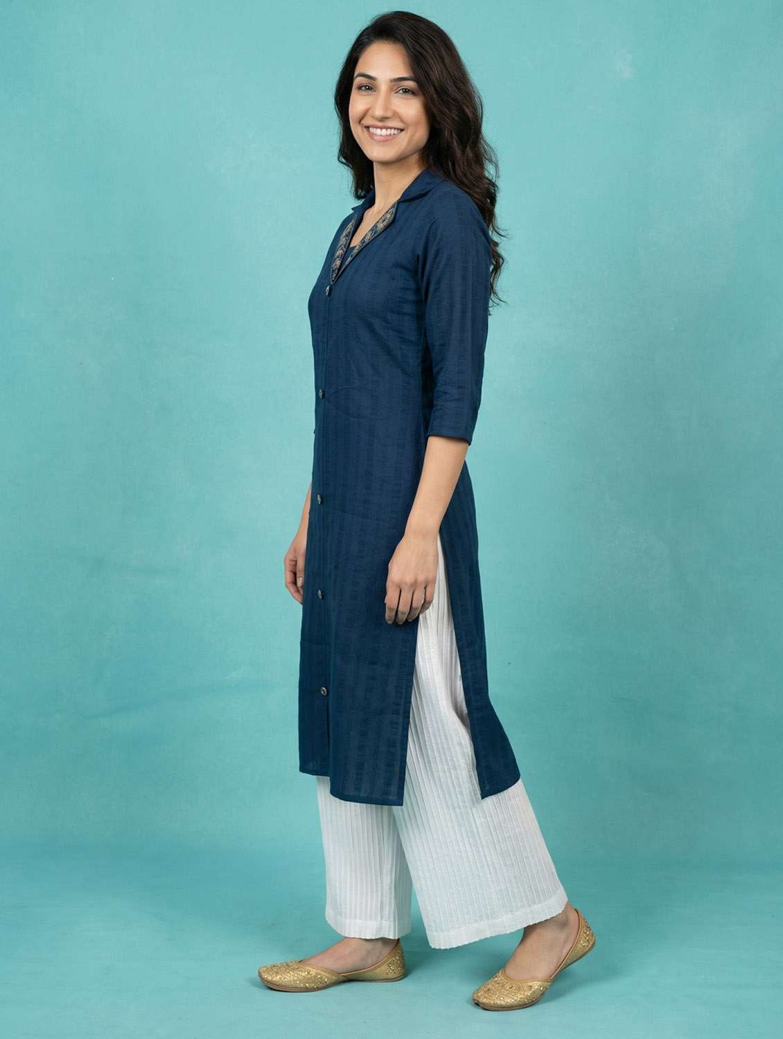 women blue cotton silk straight kurta - 22441481 -  Standard Image - 3