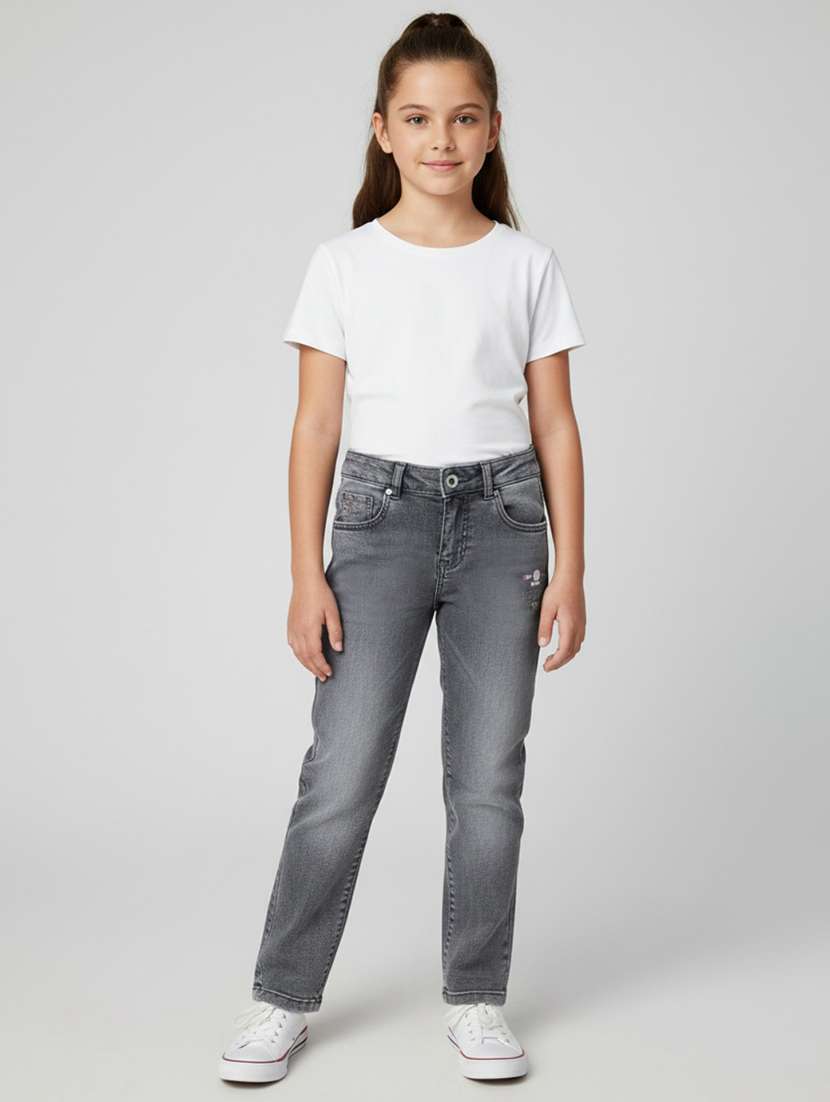 girls washed mid rise slim fit jeans
