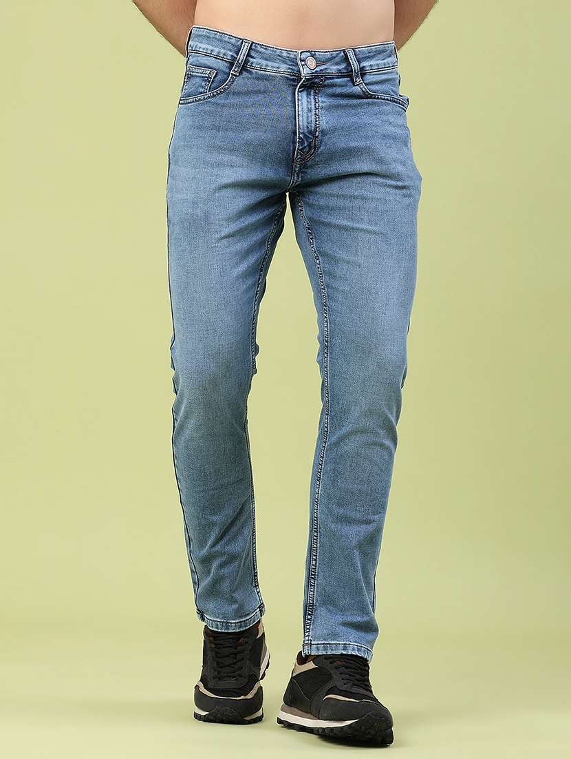 men washed mid rise full length slim fit jeans