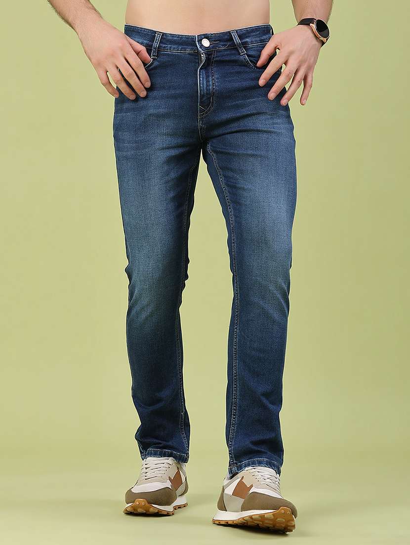 men washed mid rise full length slim fit jeans