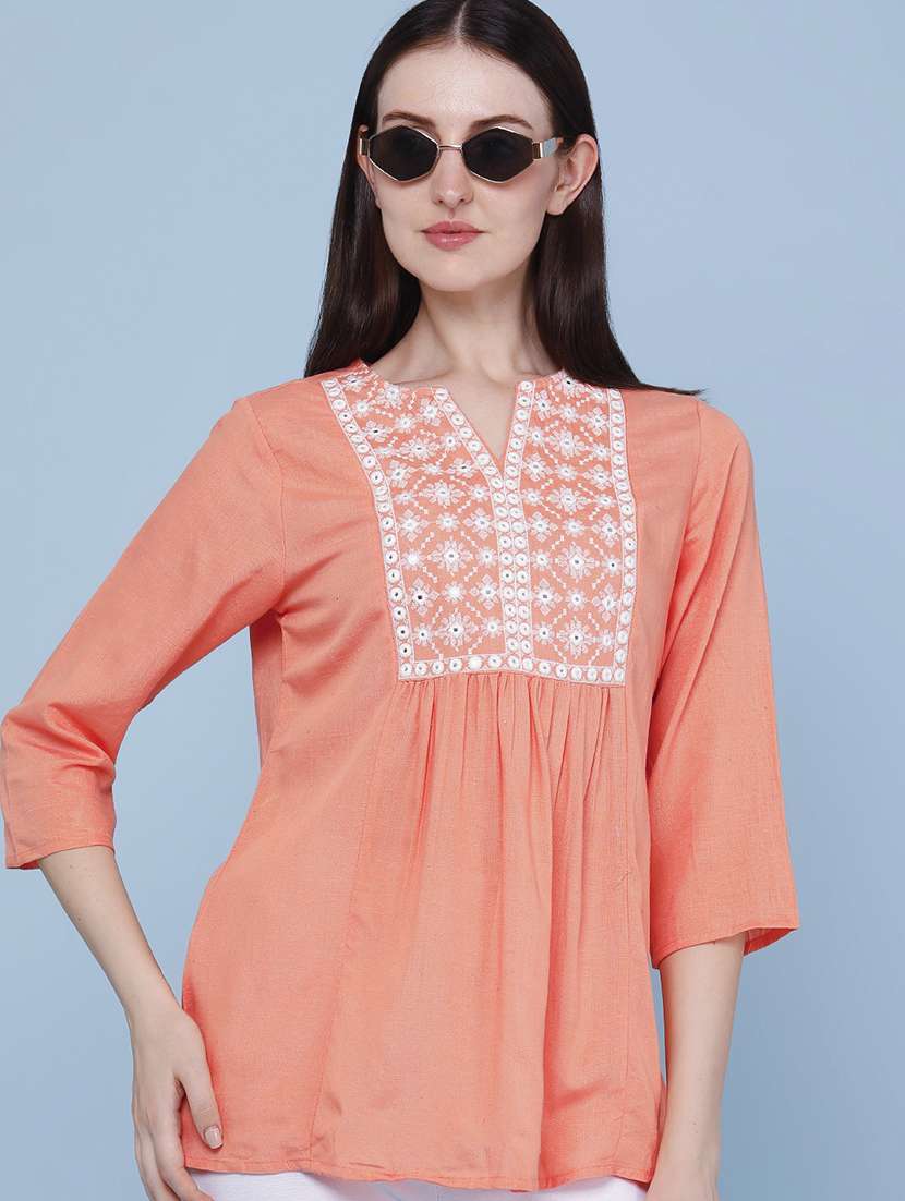 women embroidered notch neck a-line top