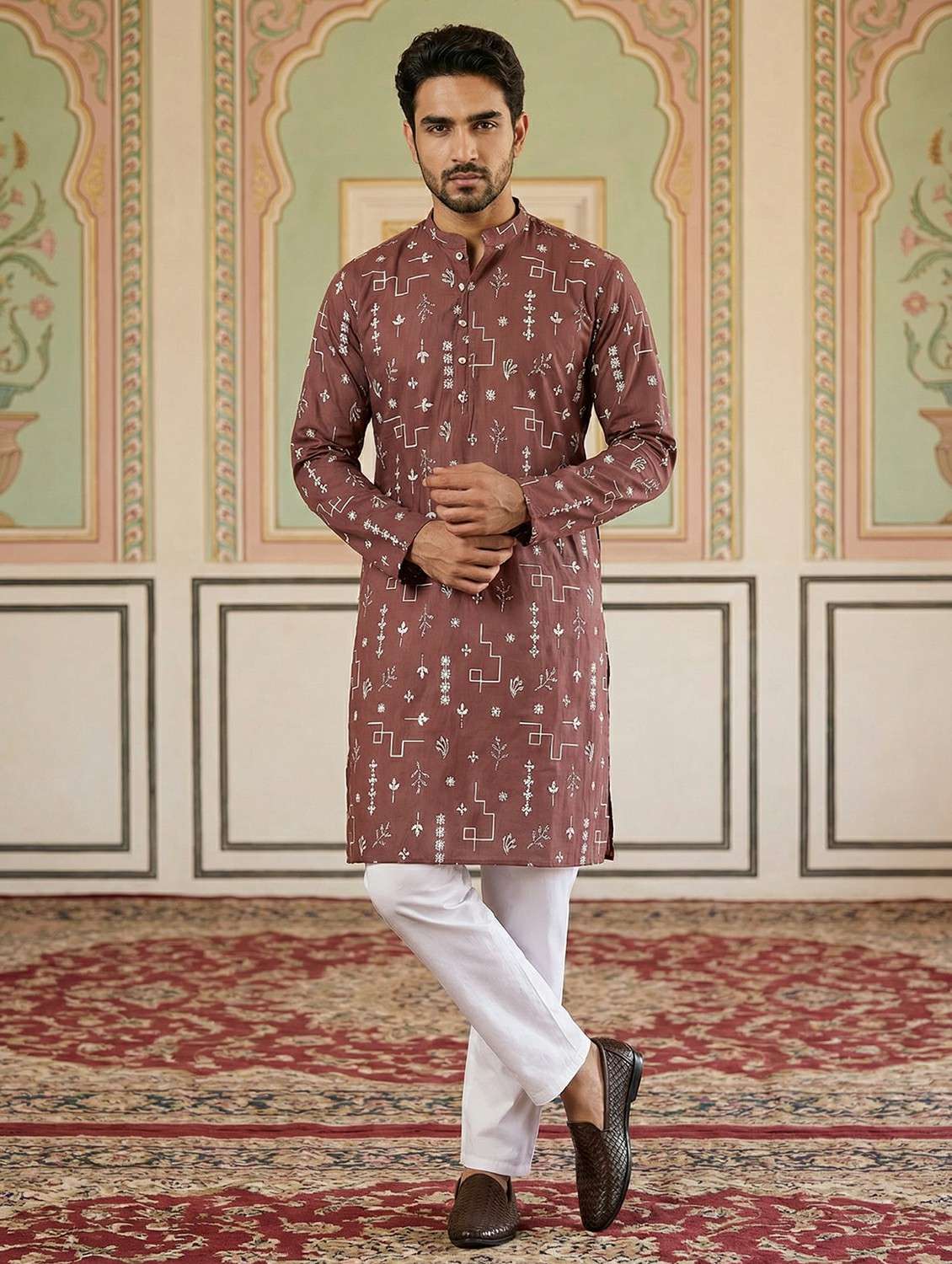 men solid with work mandarin neck kurta pyjama set