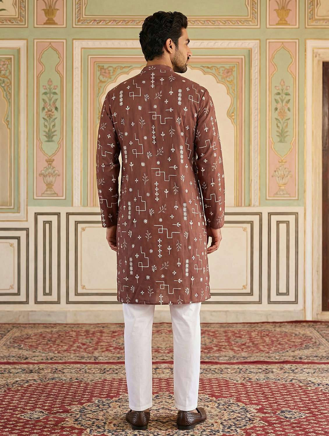 men solid with work mandarin neck kurta pyjama set - 22441993 -  Standard Image - 3