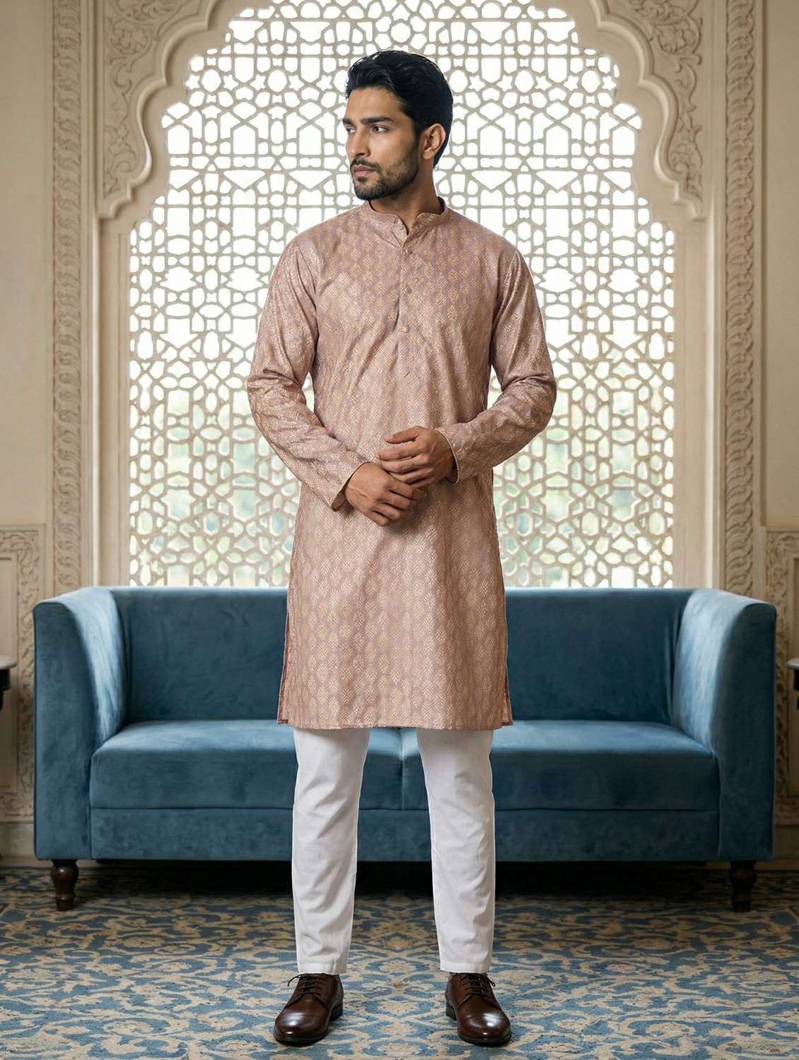 men printed mandarin neck kurta pyjama set