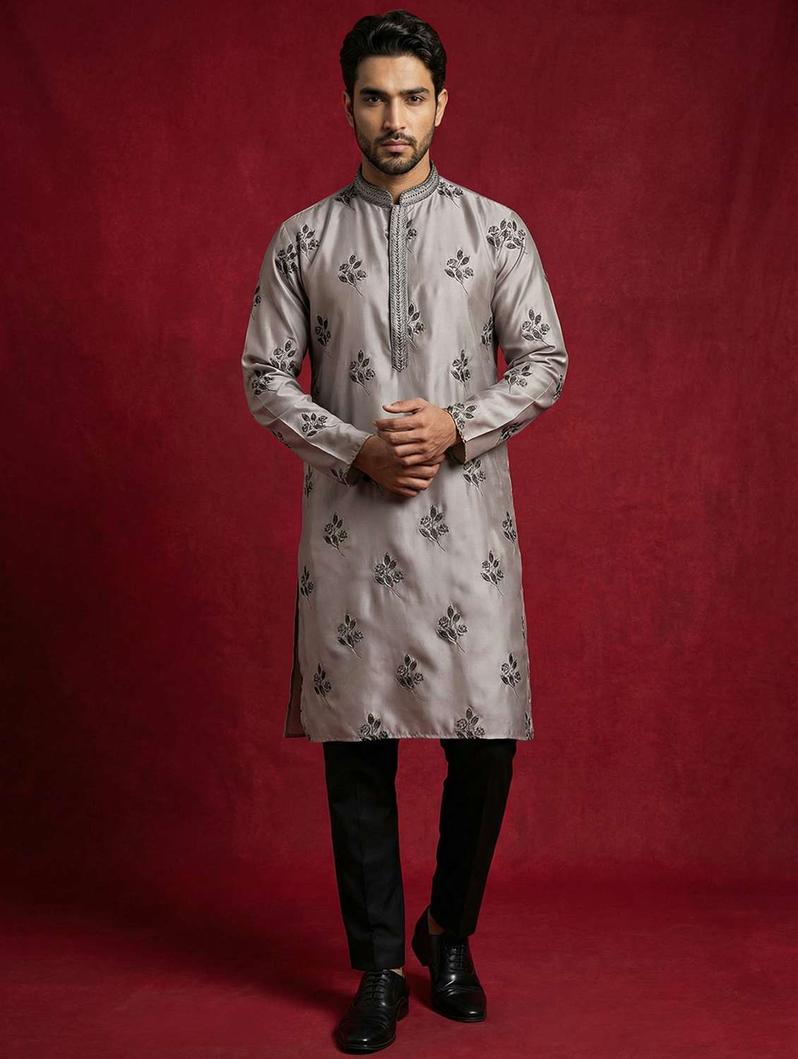 men solid with work mandarin neck kurta pyjama set