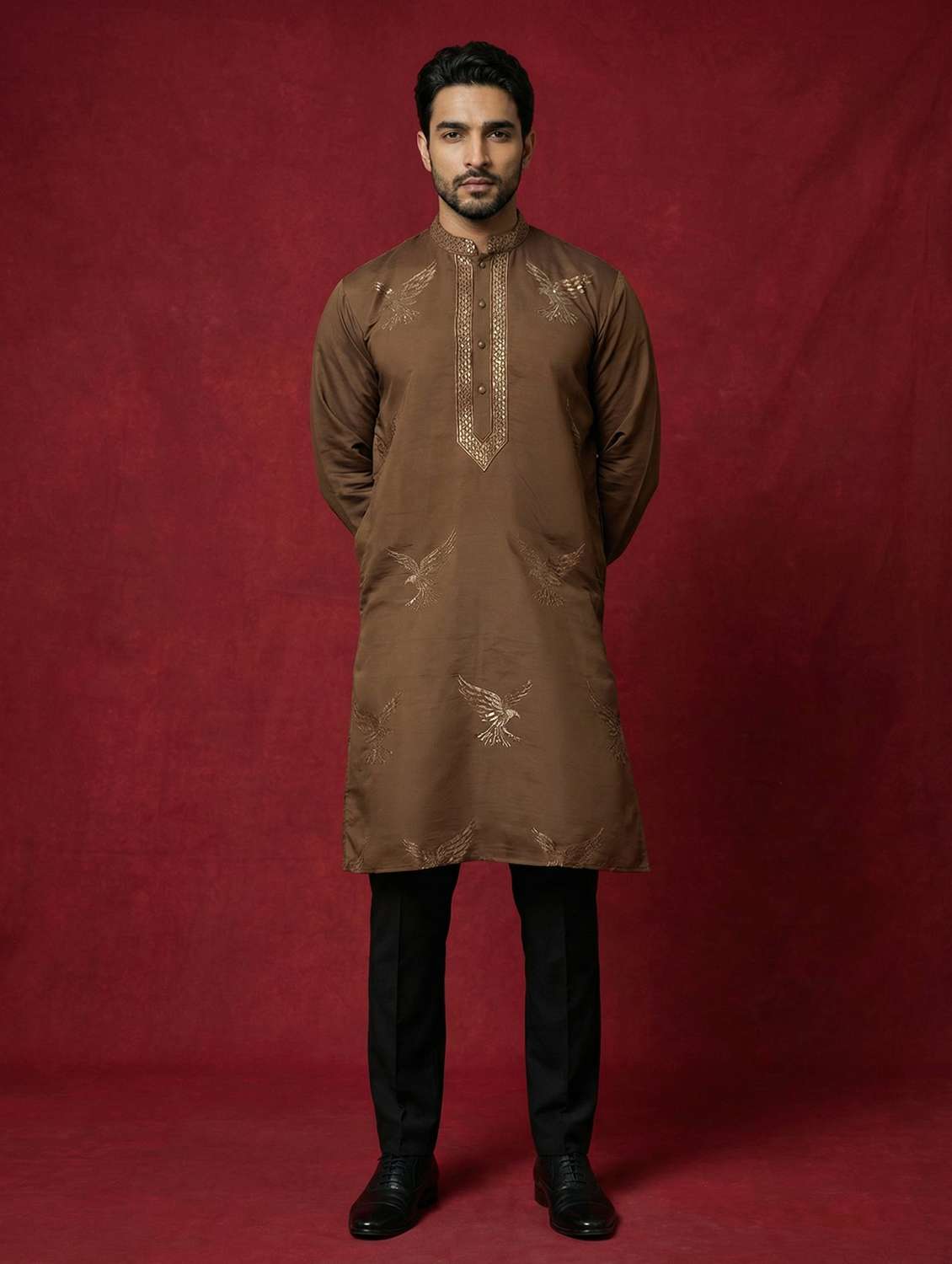 brown silk blend kurta pyjama ethnic wear set