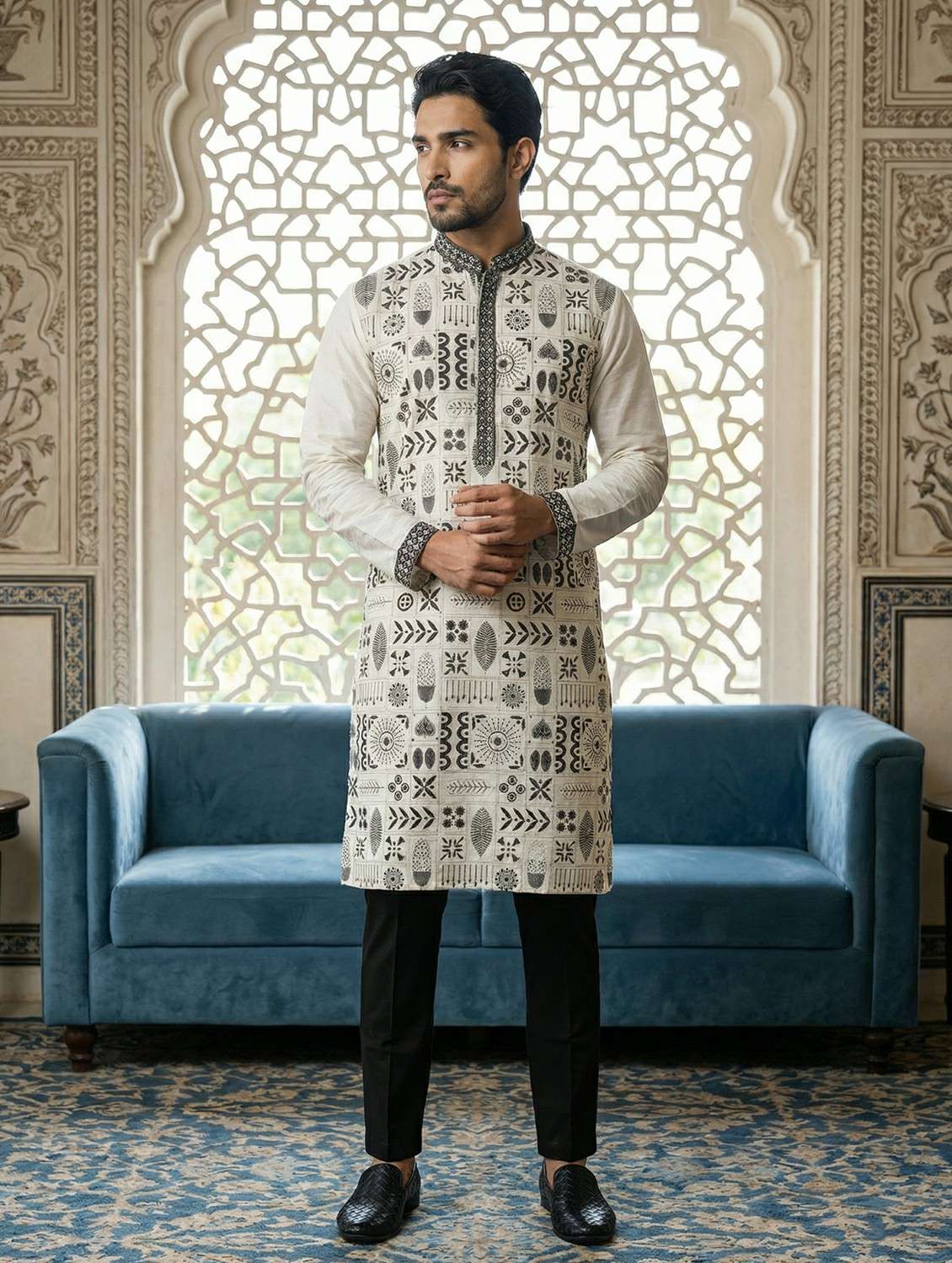 white silk blend kurta pyjama ethnic wear set
