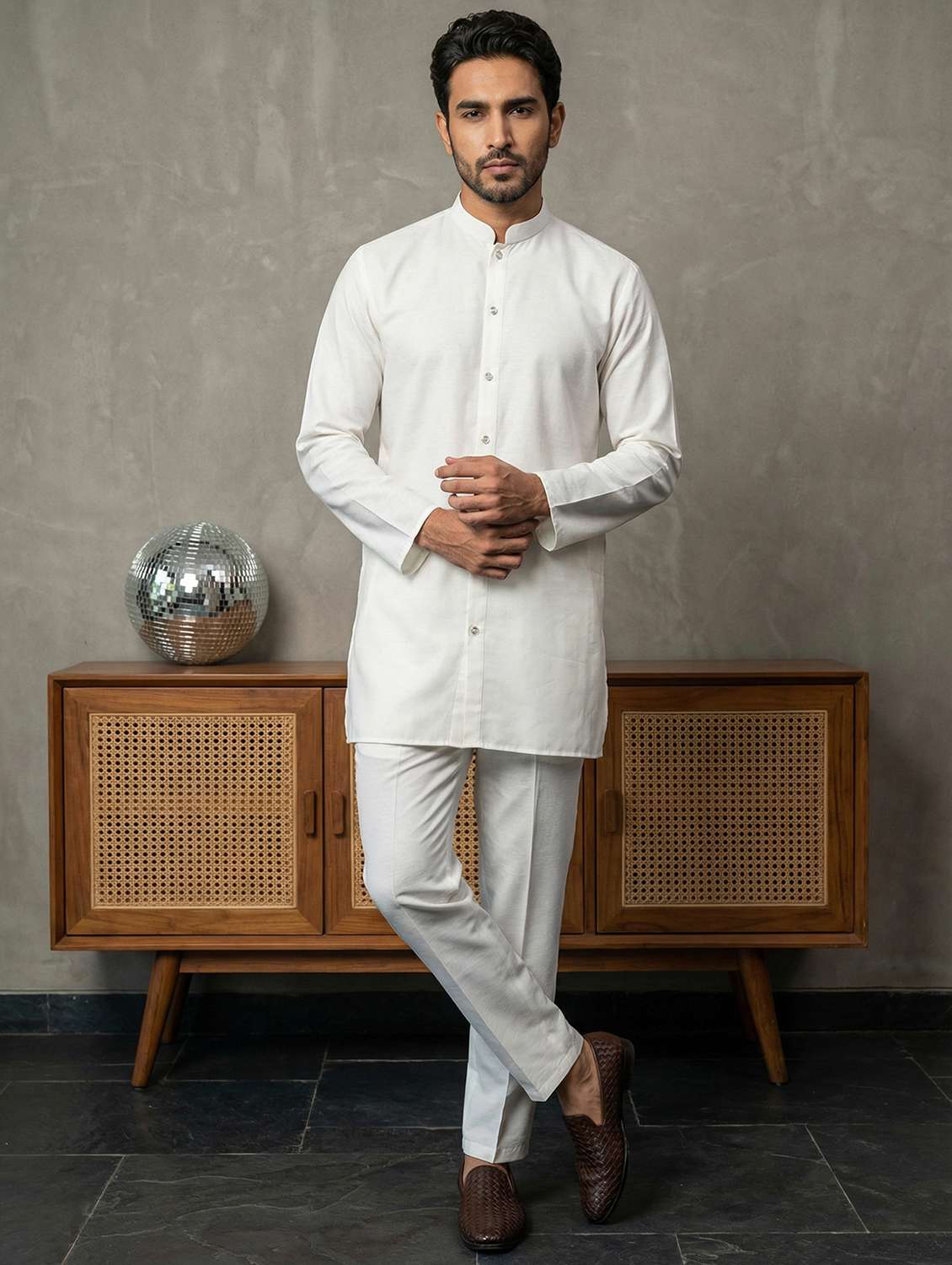 mens white silk blend kurta pyjama ethnic wear set