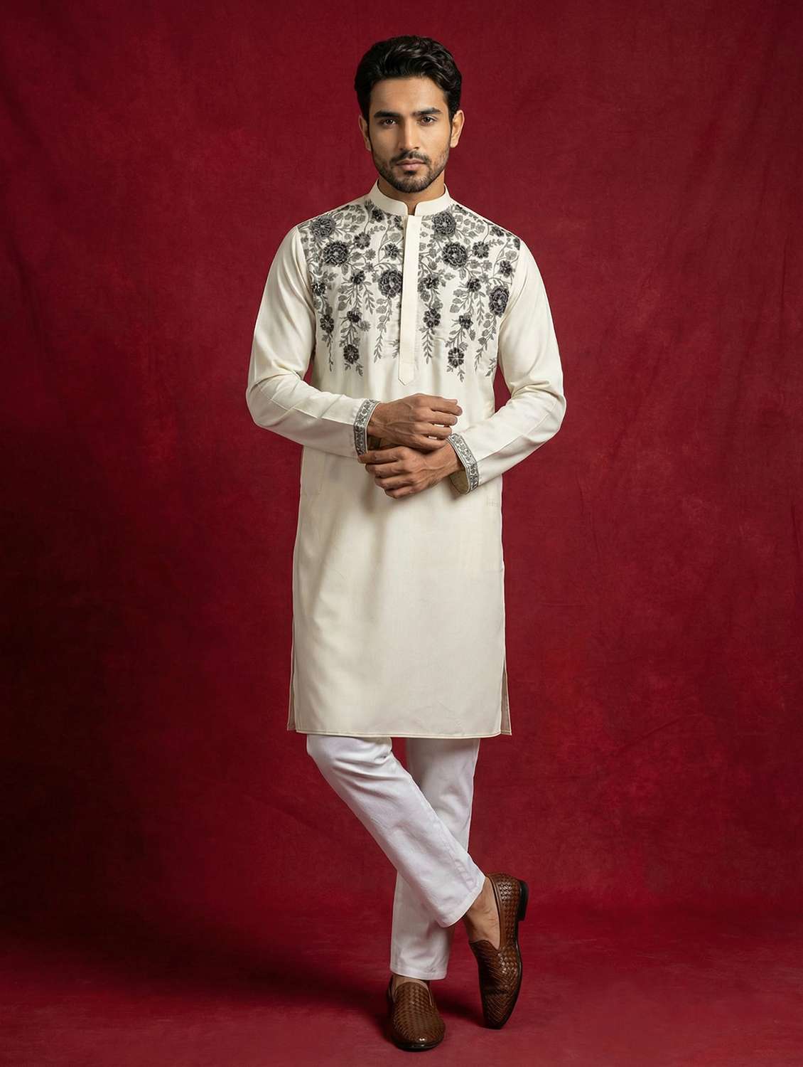 men solid with work mandarin neck kurta pyjama set