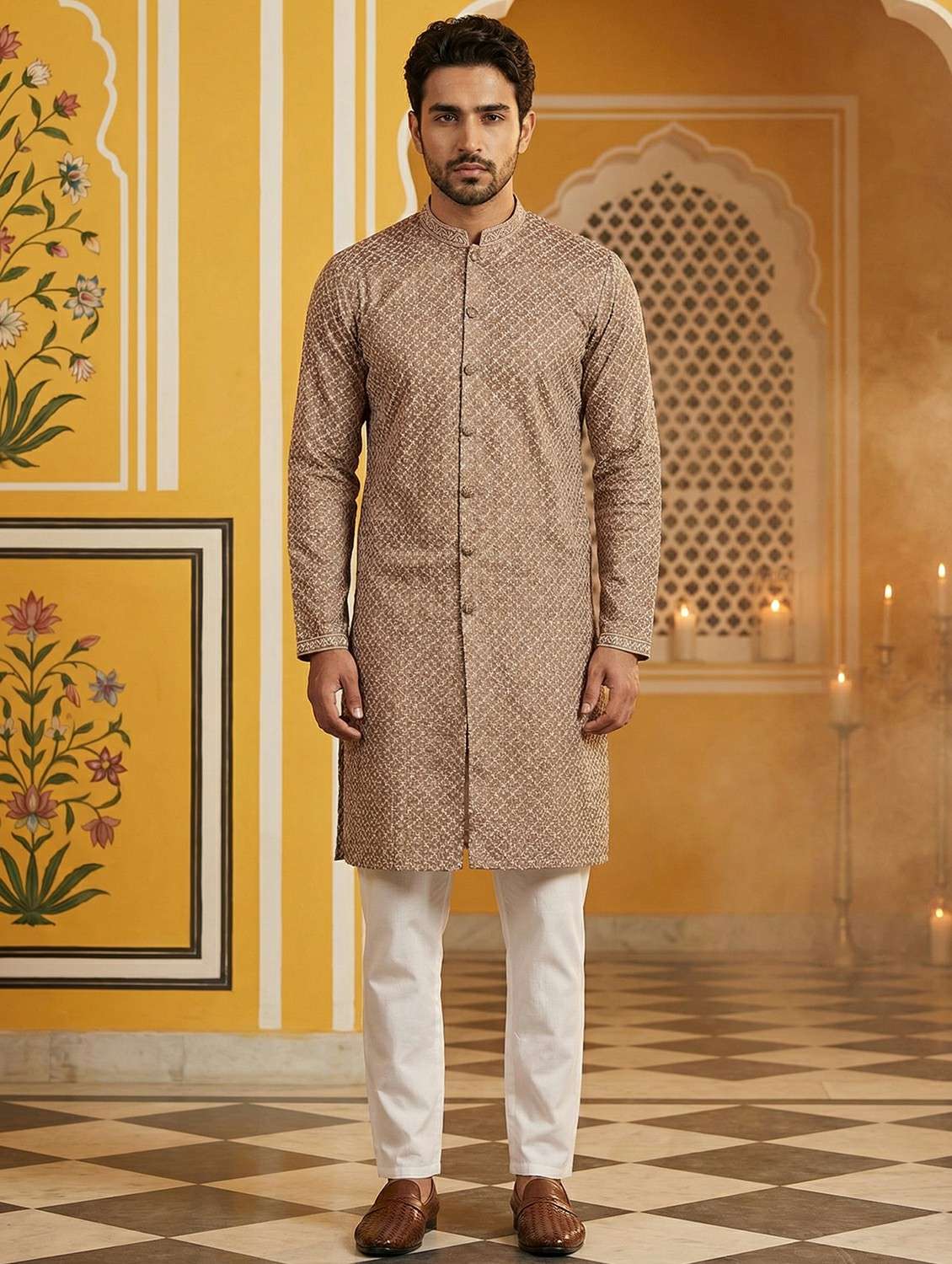 men solid with work mandarin neck kurta pyjama set