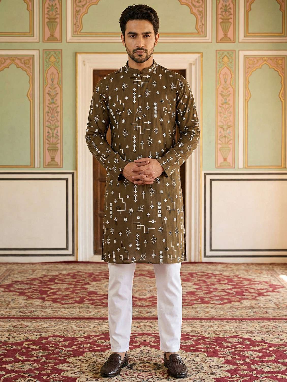 men solid with work mandarin neck kurta pyjama set