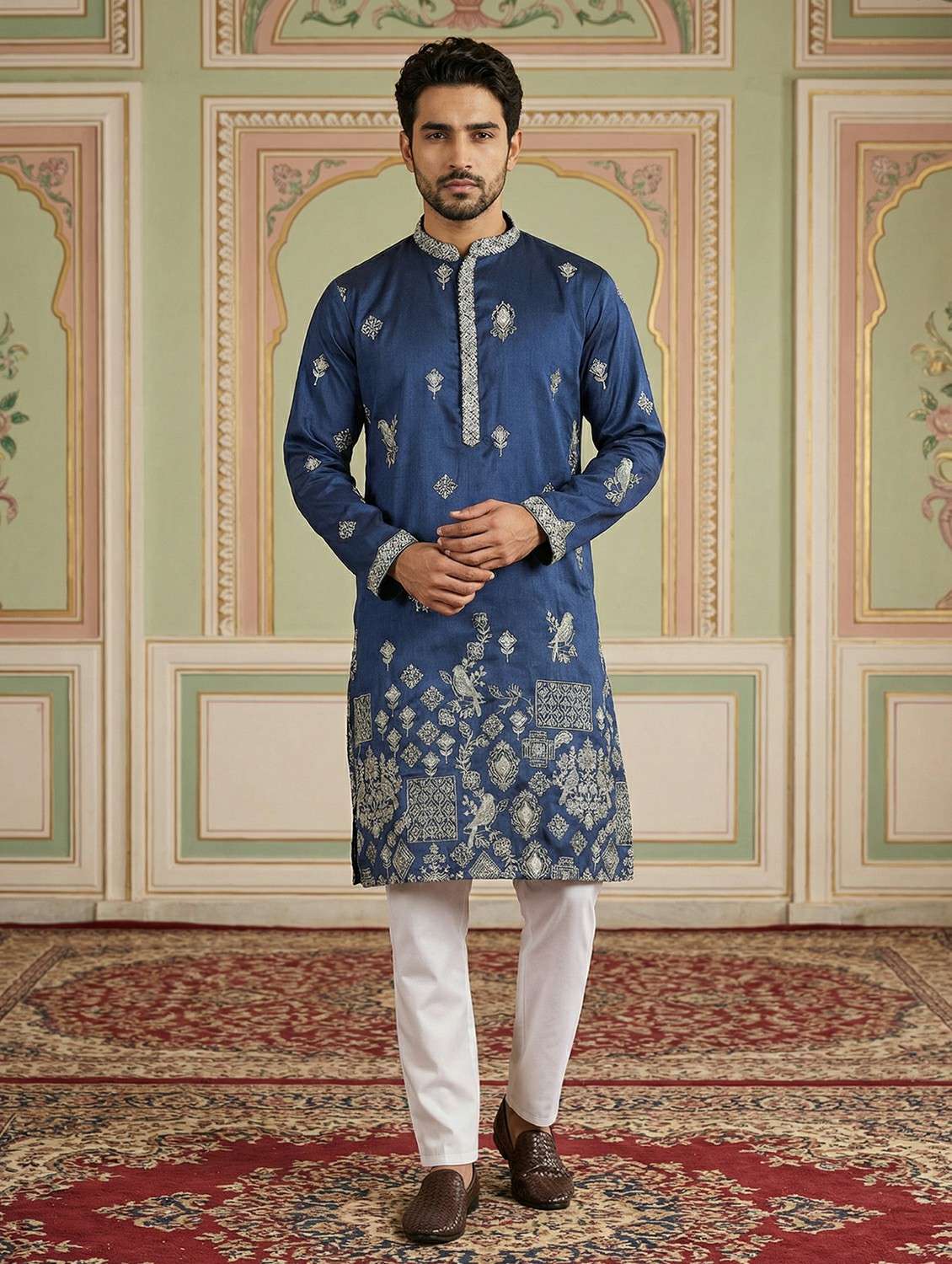 men solid with work mandarin neck kurta pyjama set
