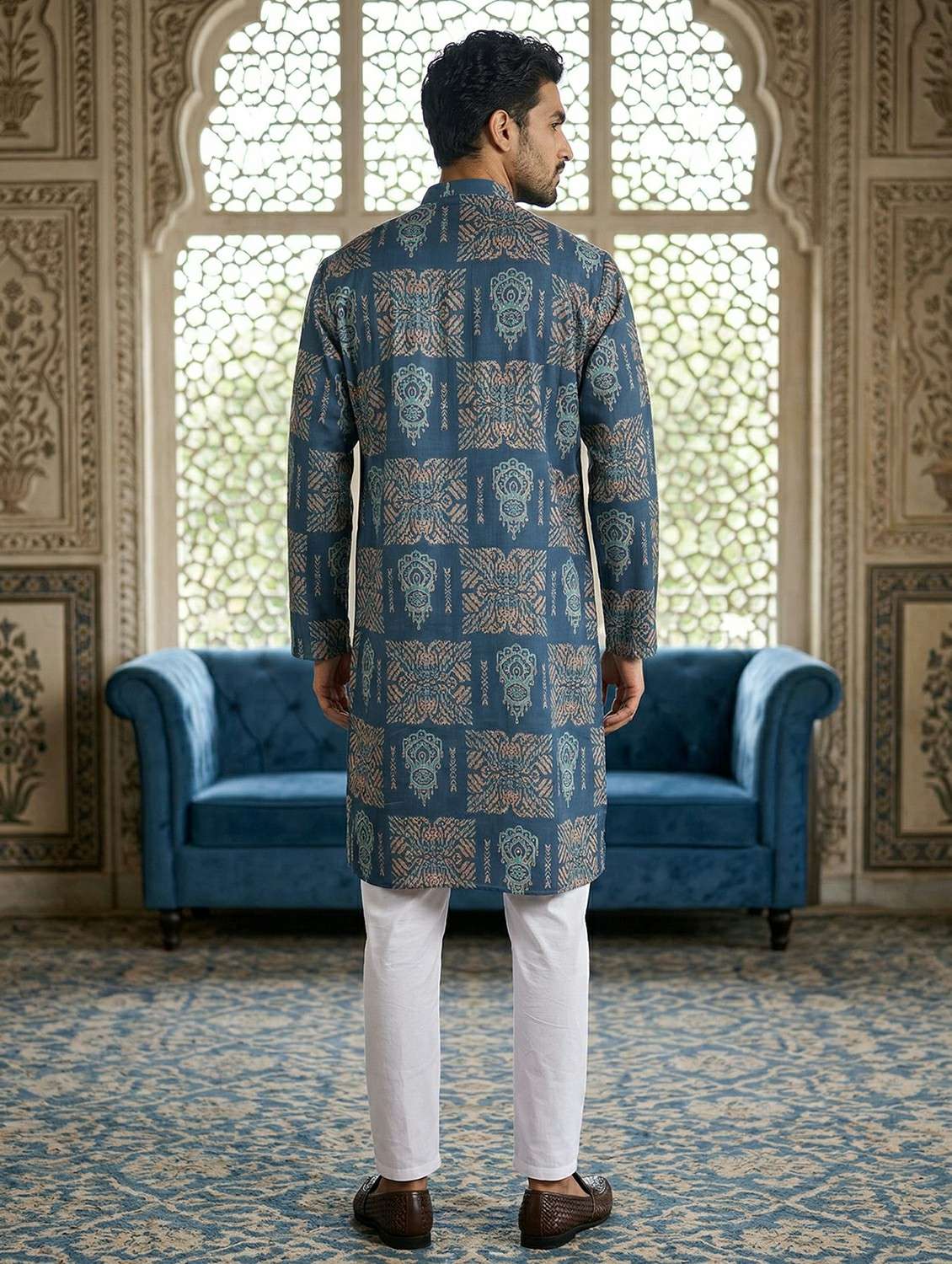 men printed mandarin neck kurta pyjama set - 22442067 -  Standard Image - 3