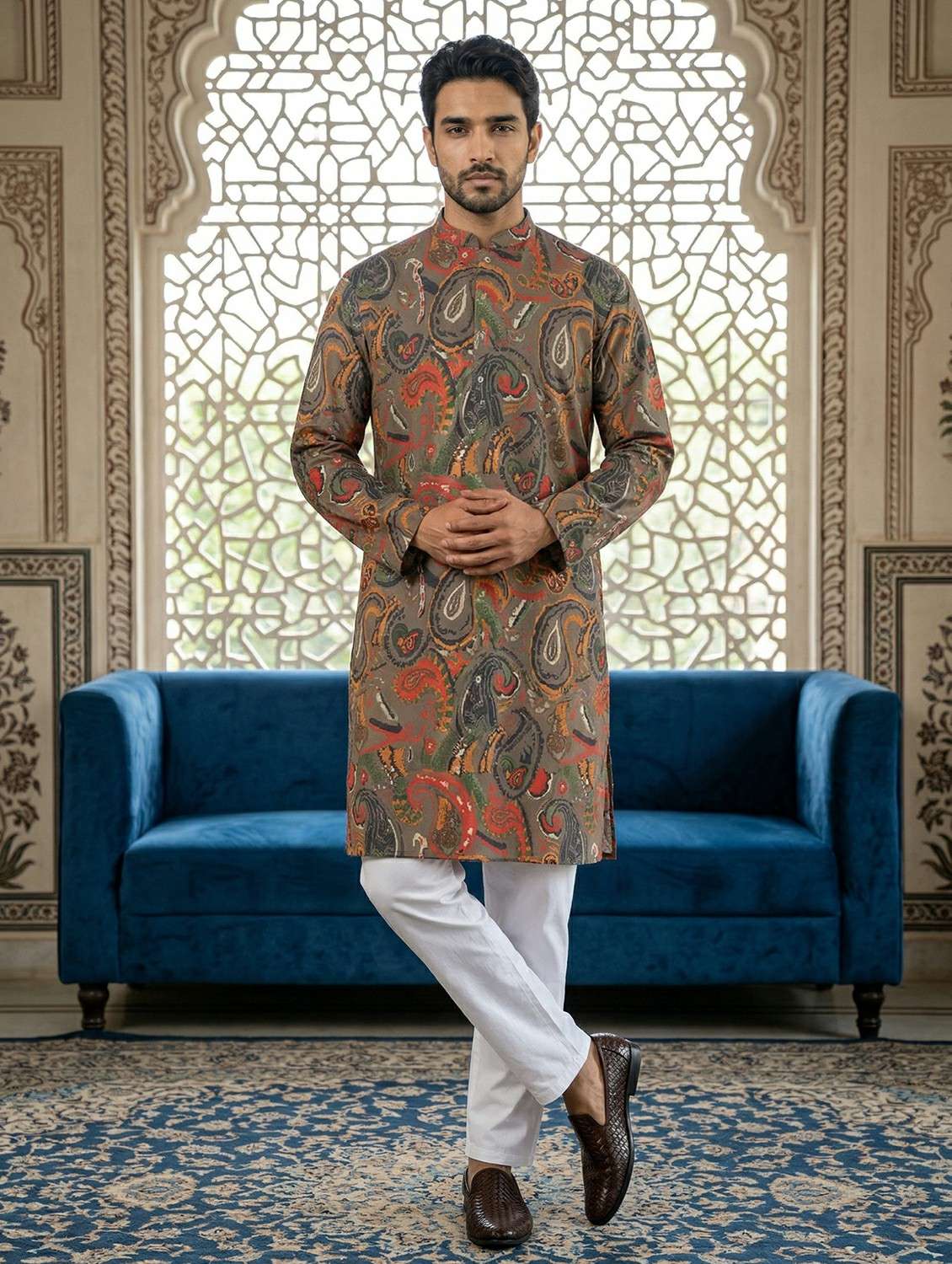 men printed mandarin neck kurta pyjama set