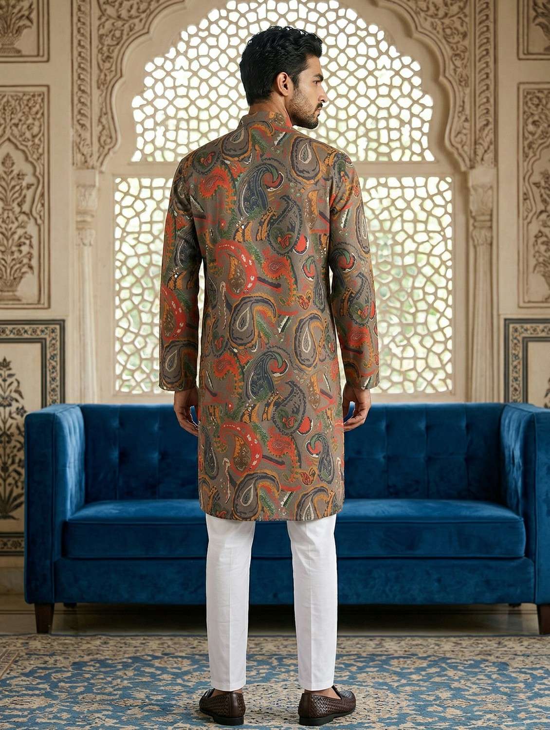 men printed mandarin neck kurta pyjama set - 22442068 -  Standard Image - 3