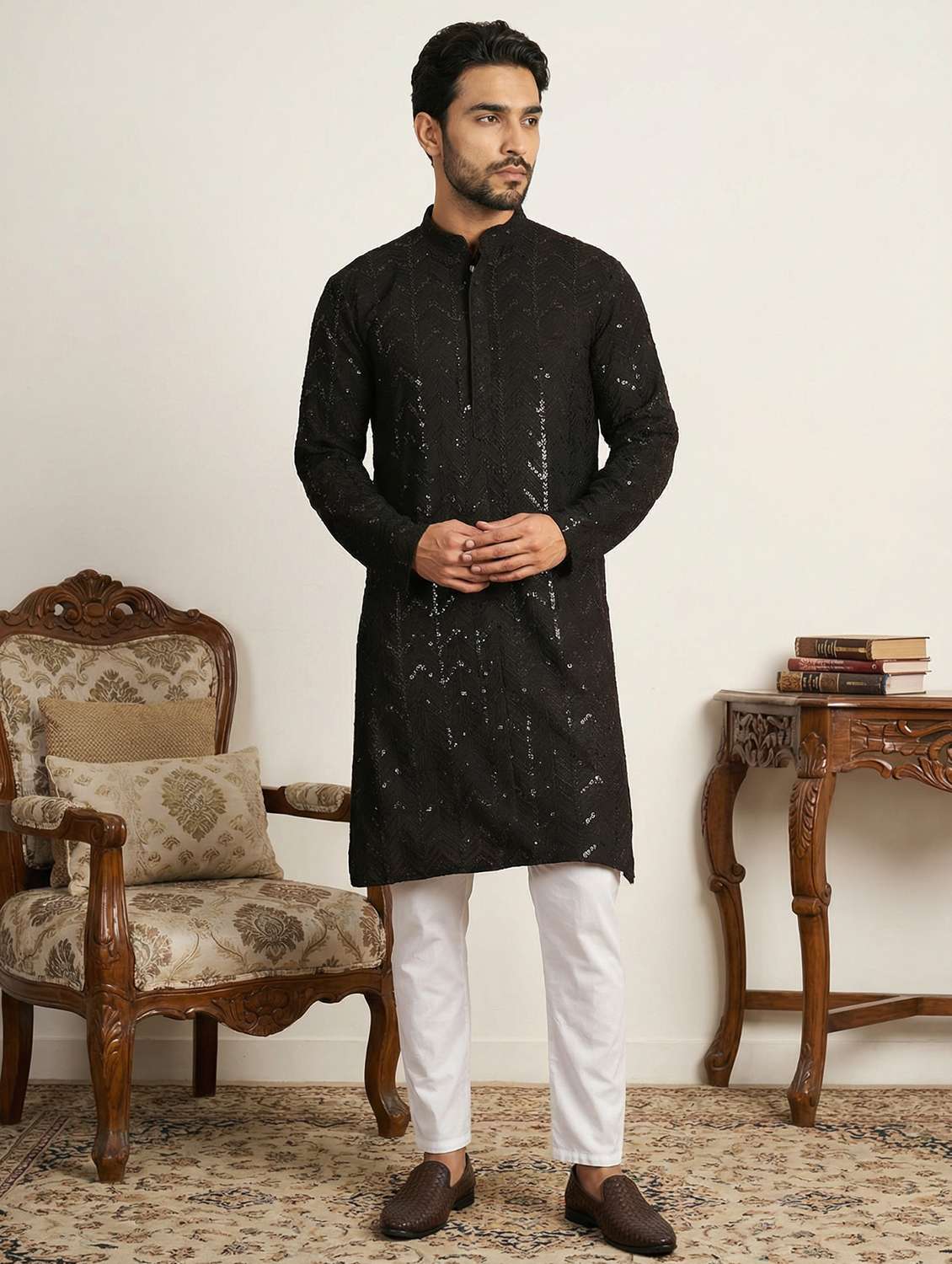 men solid with work mandarin neck kurta pyjama set