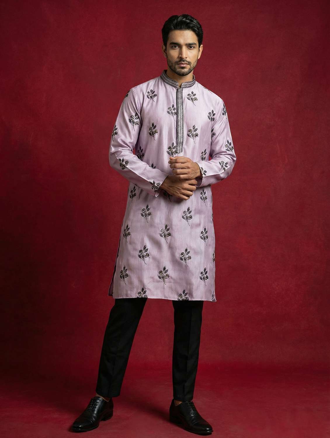 men solid with work mandarin neck kurta pyjama set