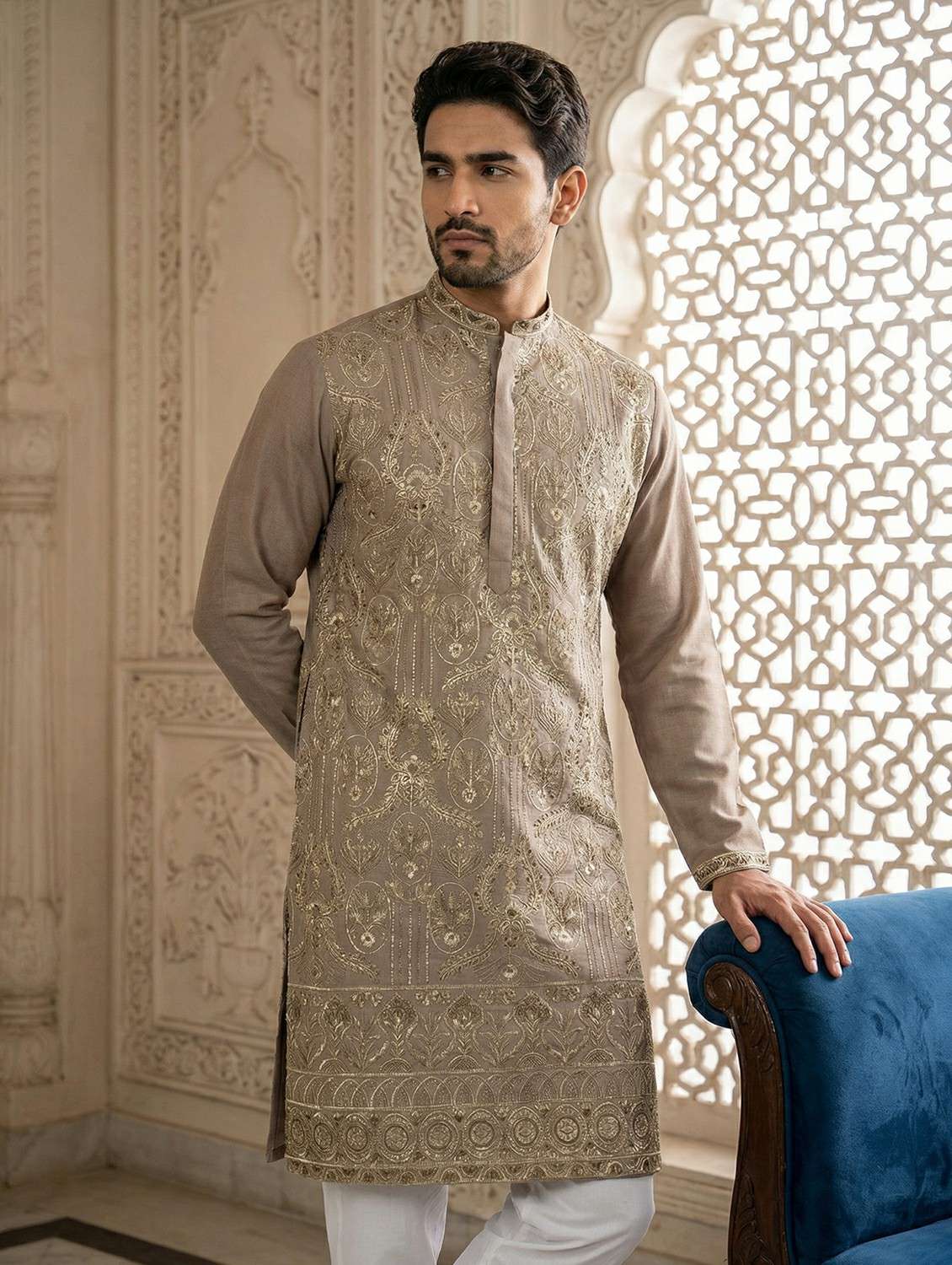 men solid with work mandarin neck long kurta